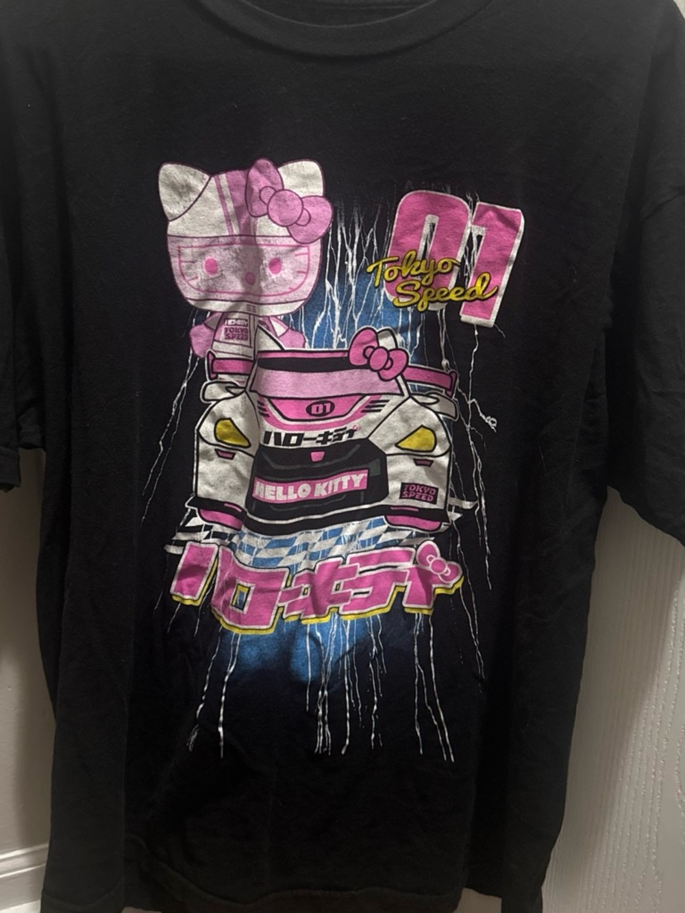 Sanrio Hello Kitty Black Tee with Pink and Yellow Racing Graphic
